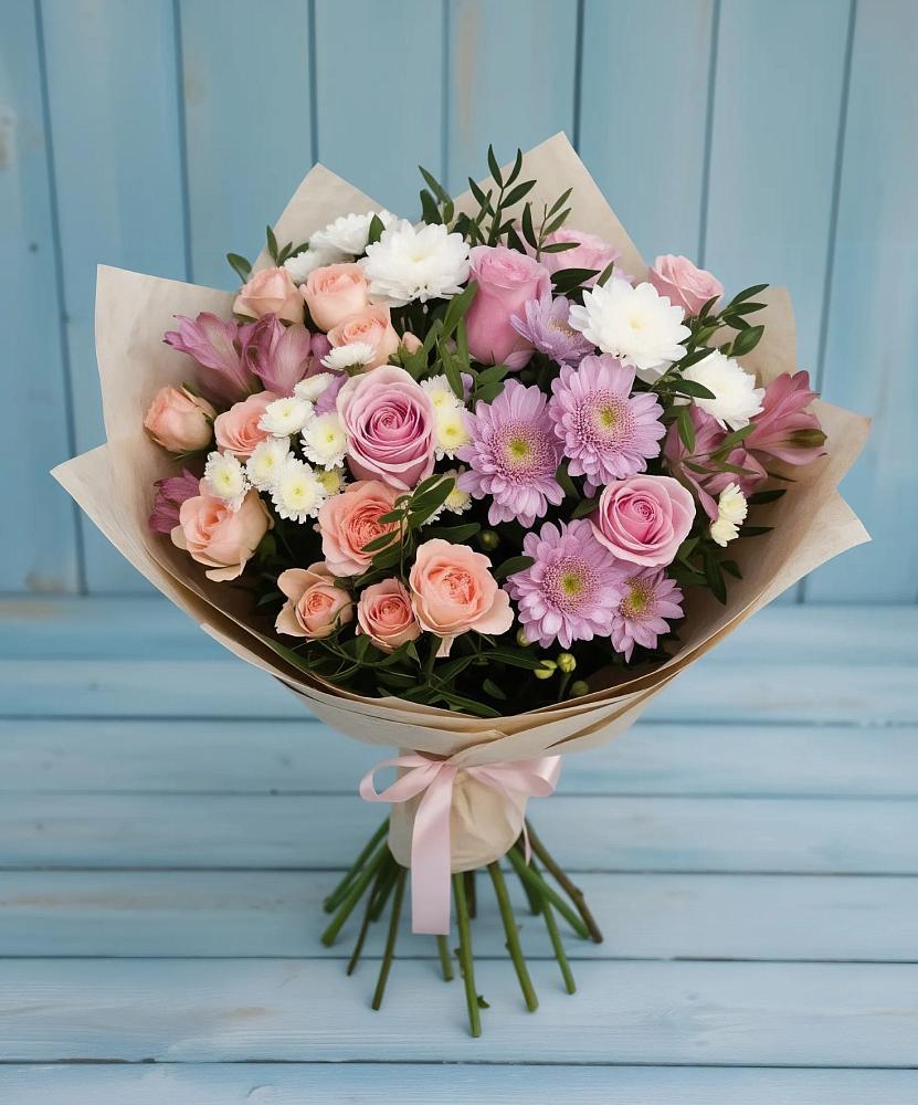 Букет цветов из: Хризантемы, Розы и Альстромерии в Старый городок